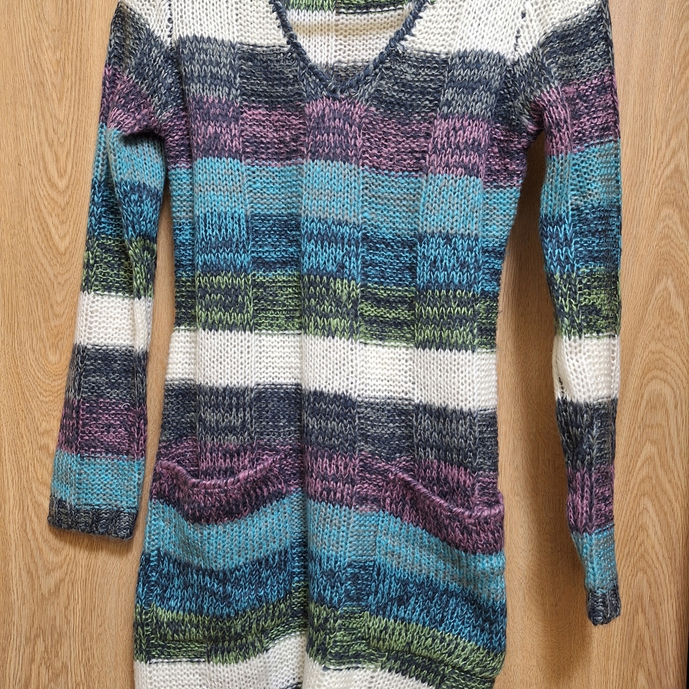 Ultra Flirt Women's V-Neck Sweater in Blue, Green, and Purple Stripes